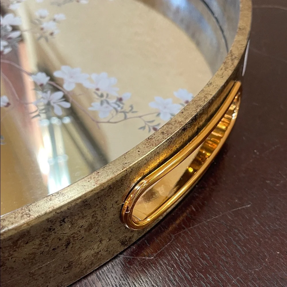Gold Floral Mirror Tray - Decorative Wall Accent